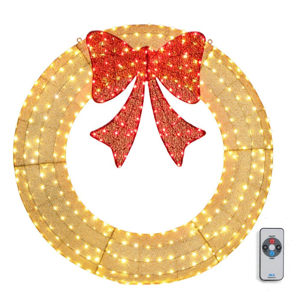 48 in. Gold Pre-Lit LED Outdoor Artificial Christmas Wreath with 315 Lights and Red Bow - Hercitys