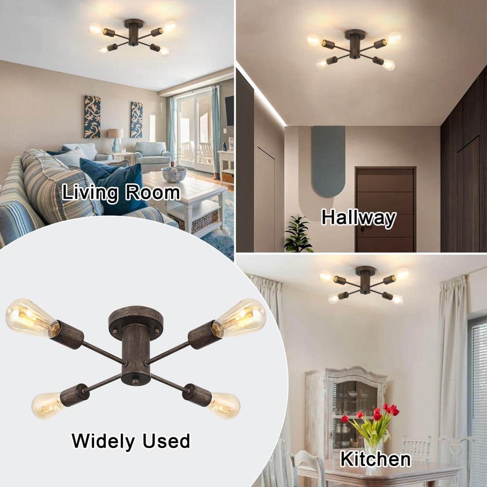 17.5 in. 4-Light Imitation Wood Grain Sputnik Transitional Flush Mount Ceiling Lights - Hercitys