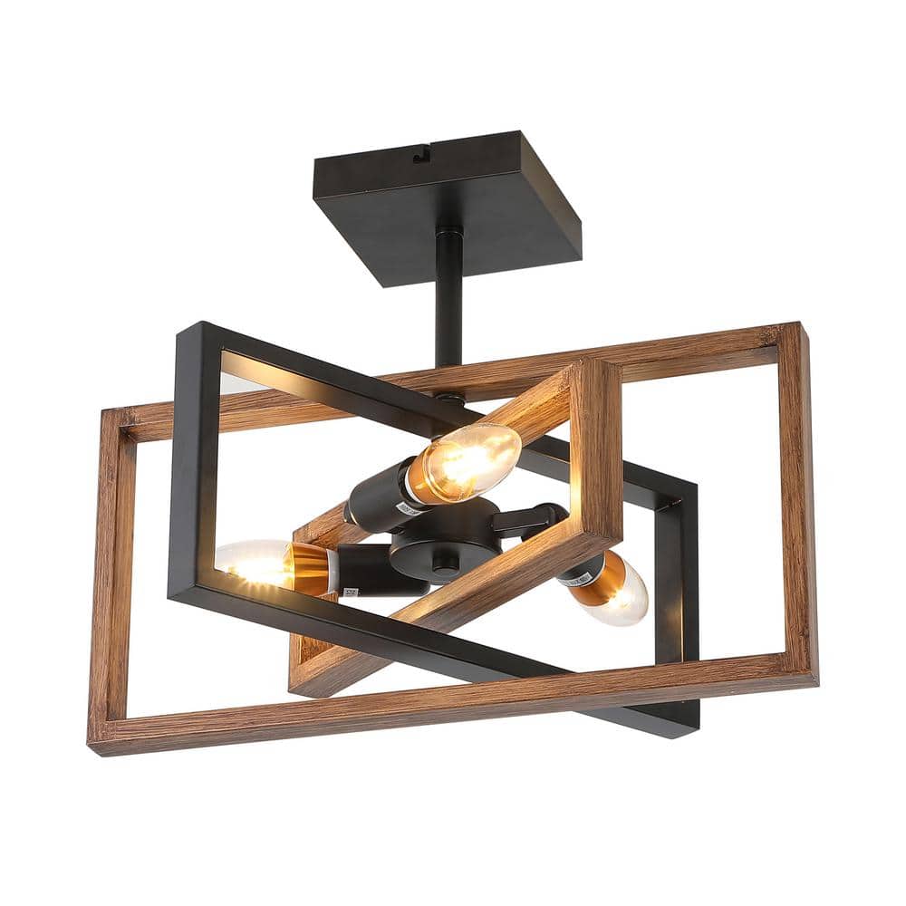 15.7 in. 3-Light Farmhouse Rustic Rectangle Semi Flush Mount Ceiling Light - Hercitys