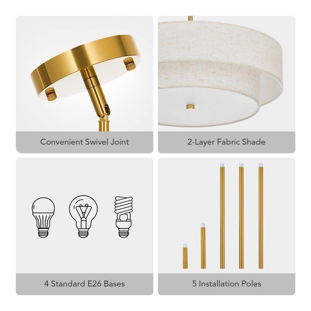 18 in. 4-Light Antique Brass Semi-Flush Mount Ceiling Light Fixture Drum Pendant Light with 2-Layer Fabric Shade - Hercitys