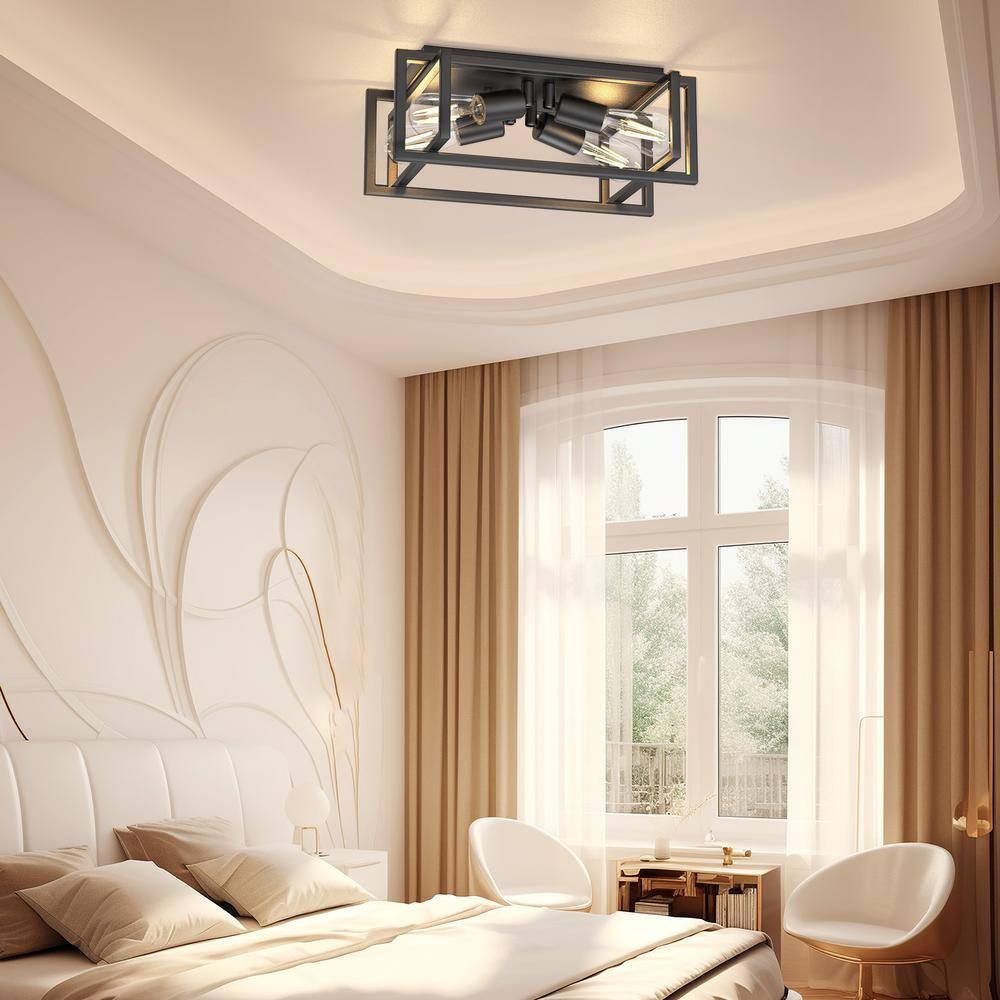 11.41 in. 4-Light Industrial Caged Flush Mount , Metal Black Square Ceiling Light Fixtures for Kitchen Island - Hercitys