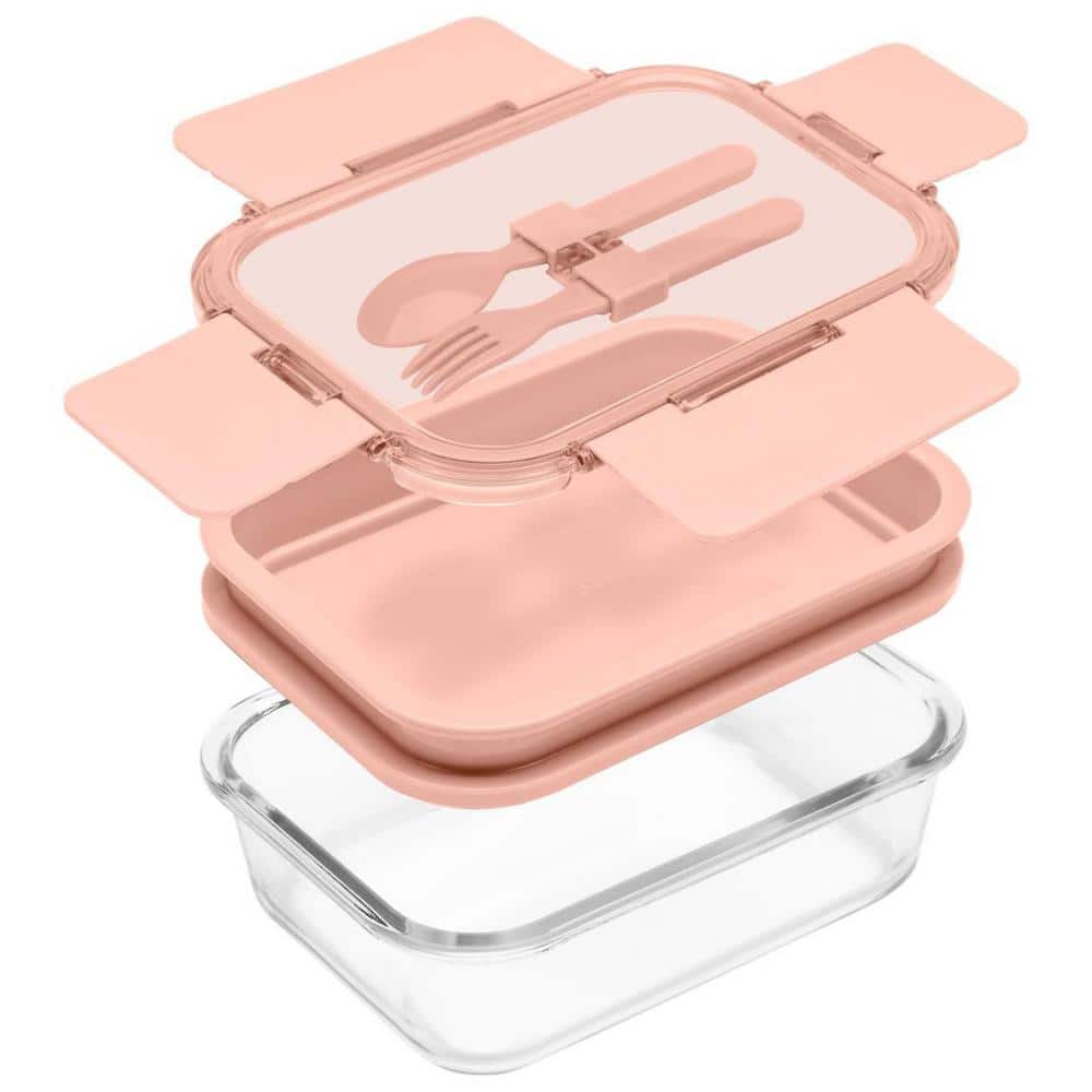 58.5 oz. Premium 4-In-1 Double-Layer Glass Bento Lunch Box with Utensils in Pink (1-Pack) - Hercitys