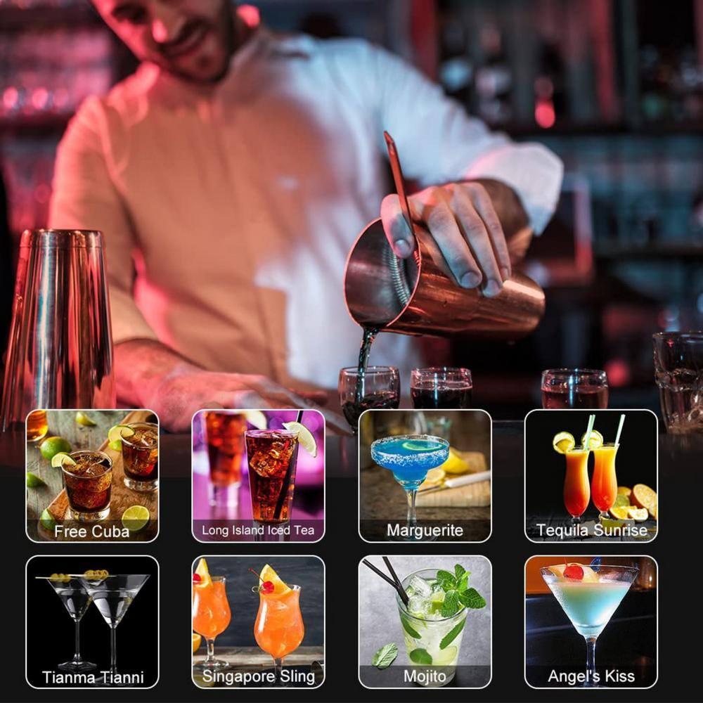 23-Piece 20 oz. and 24 oz. Rose Gold Stainless Steel Cocktail Shaker Set with Acrylic Stand and Cocktail Recipes Booklet - Hercitys