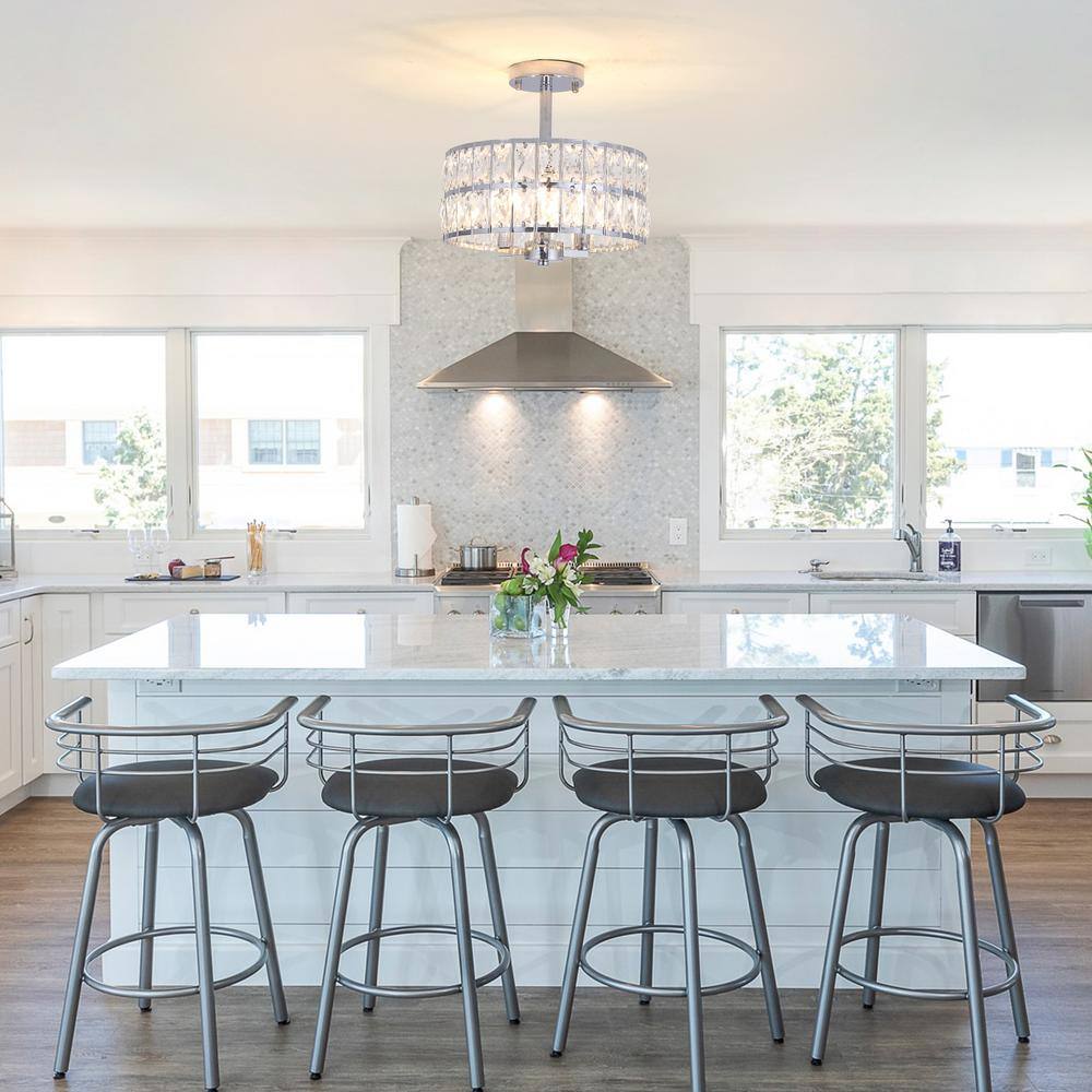 12.59 in. 3-Light Chrome Round Drum Semi-Flush Mount Ceiling Light with Clear Crystal and No Bulbs Included - Hercitys