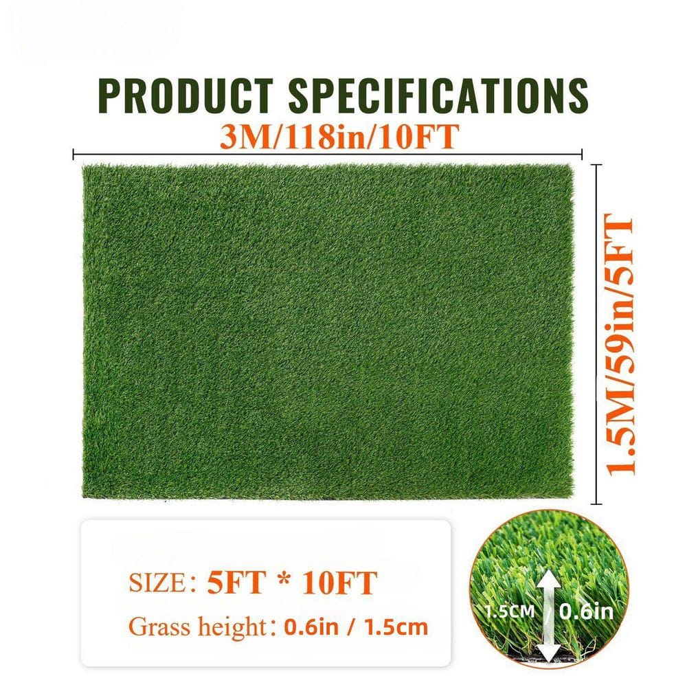 5 ft. x 10 ft. Plastic Garden Fence Premium Artificial Turf Mat with Drainage Holes and Rubber Backing in Green - Hercitys
