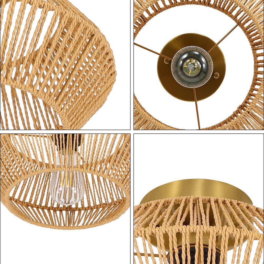 12.6 in. 1-Light Gold Retro Hand Woven Paper String Semi-Flush Mount Ceiling Light - Hercitys