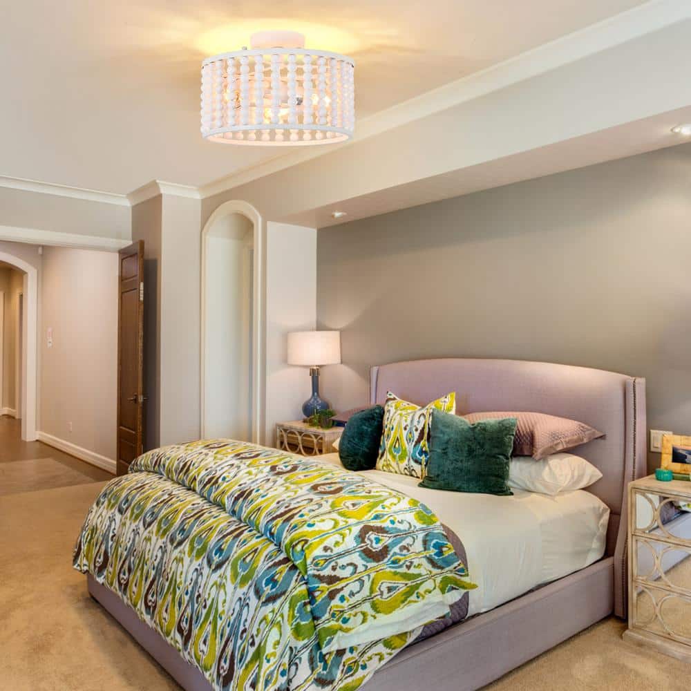 12.8 in. 3-Light White Semi Flush Mount Round Ceiling Light Fixture with Wood Bead and No Bulbs Included - Hercitys