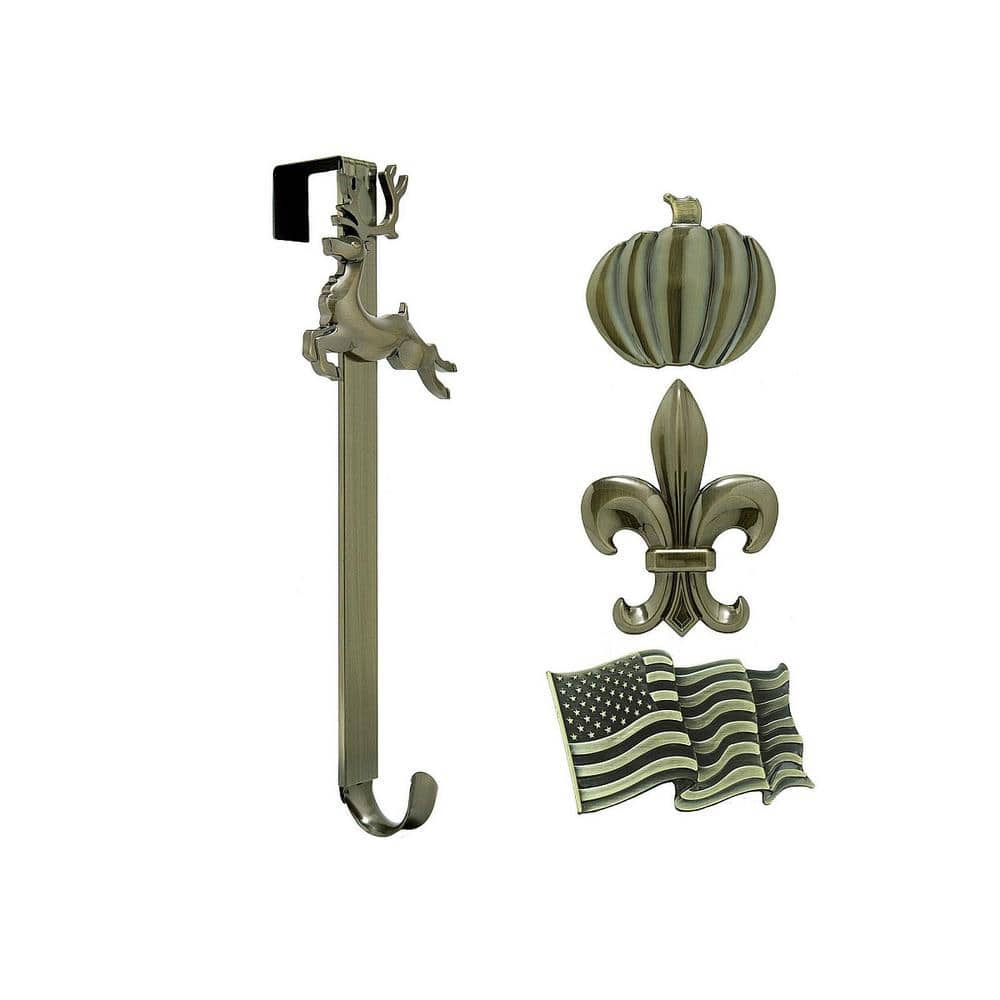 15.75 in. Artificial Antique Brass Adjustable Wreath Hanger with Flag, Reindeer, Pumpkin, and Fleur De Lis Icons - Hercitys