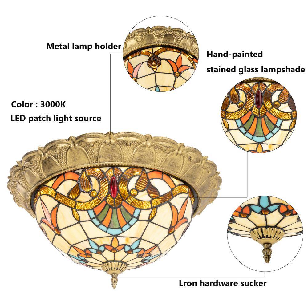 20.47 in. 36-Watt Gold European LED Flush Mount Ceiling Light with Stained Glass Shade - Hercitys