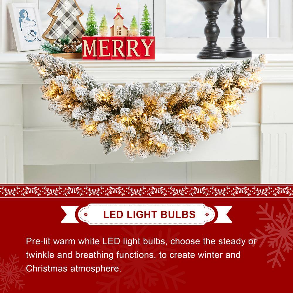 3 ft. L Pre-Lit Snow Flocked Christmas Swag, with 50 Warm White LED Lights, Three Function - Hercitys