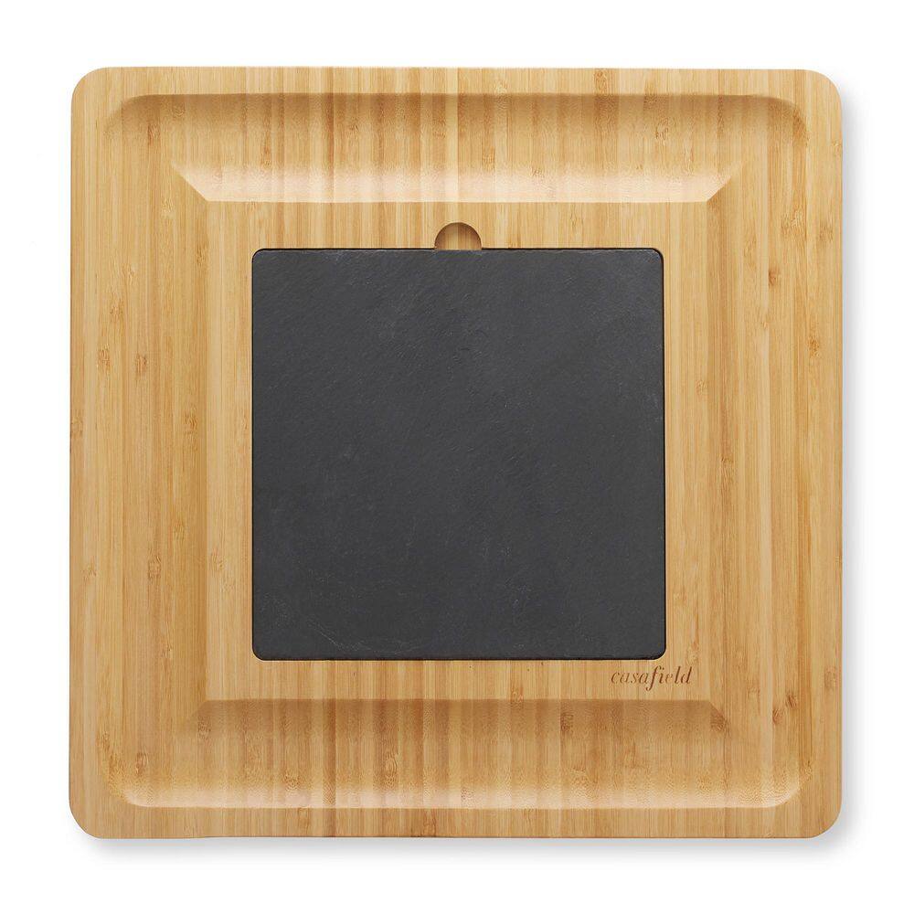 14.25 in. Traditional Natural Brown Bamboo Cheese Board with Slate Cheese Plate and Cheese Knives - Hercitys