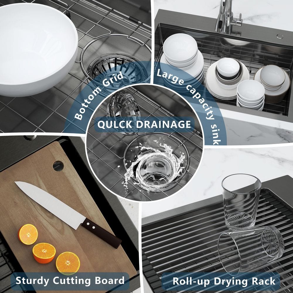 33 in. Drop-In/Undermount Single Bowl 16 Gauge Gunmetal Black Stainless Steel Kitchen Sink with Bottom Grids - Hercitys