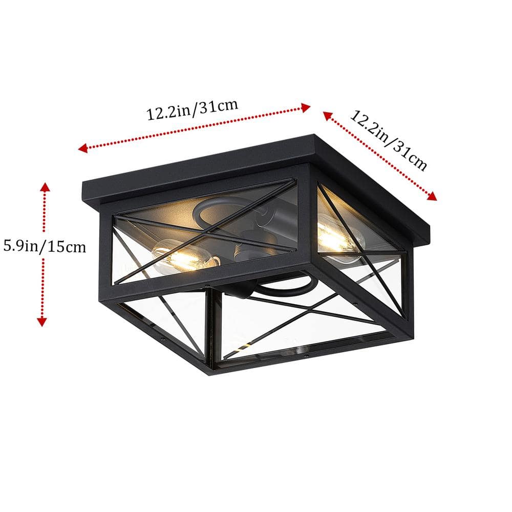 12.2 in. 2-Light Industrial Black Flush Mount Metal Farmhouse Close to Ceiling Light Fixture with Clear Glass Shade - Hercitys