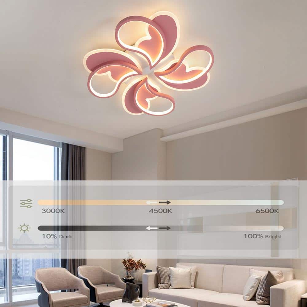 ​​19.68 in. 1-Light Pink & White Modern Petal-Shaped Dimmable Selectable LED Semi-Flush Mount Ceiling Light with Remote - Hercitys
