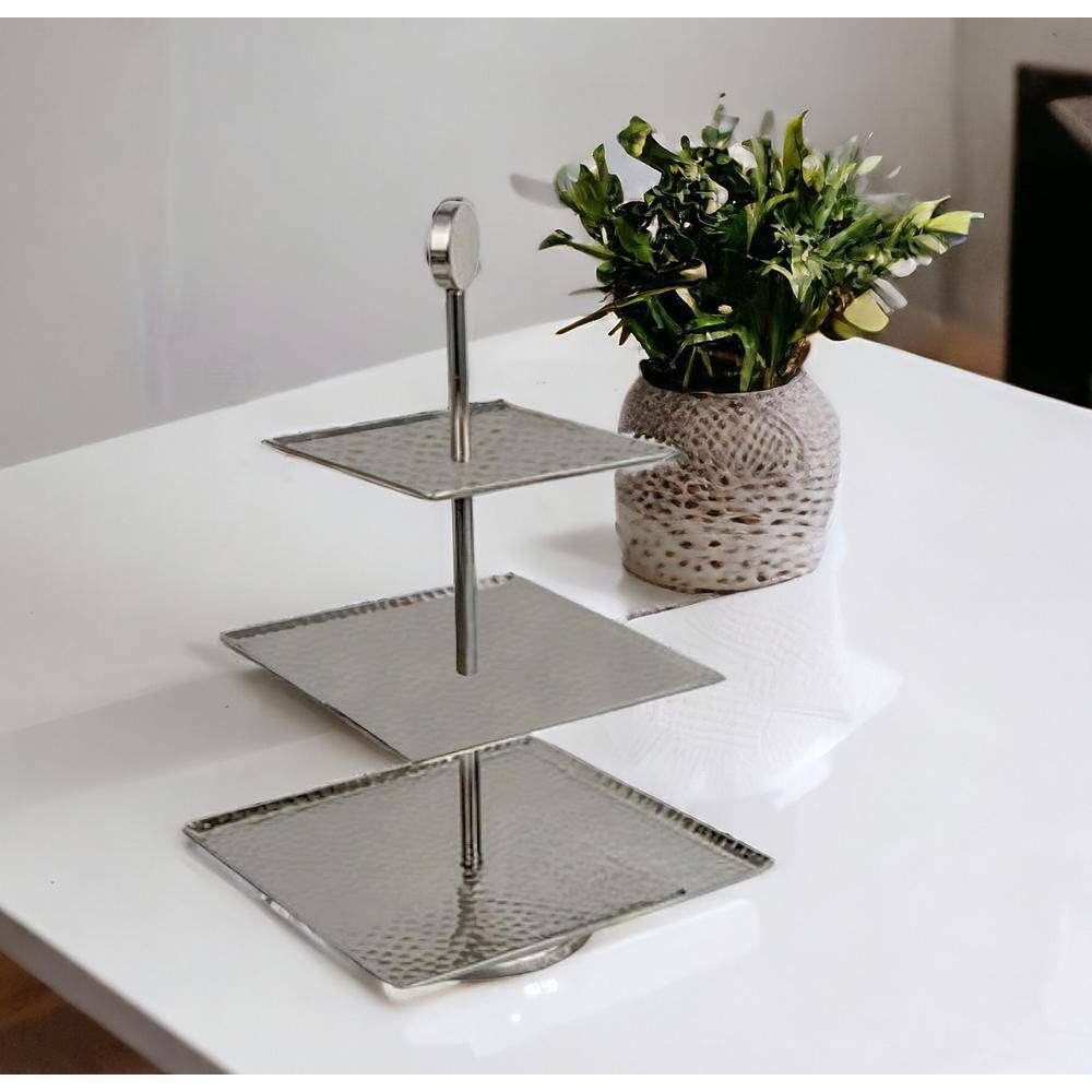 14 in. Silver Square Stainless Steel Hammered Three Tier Tray - Hercitys