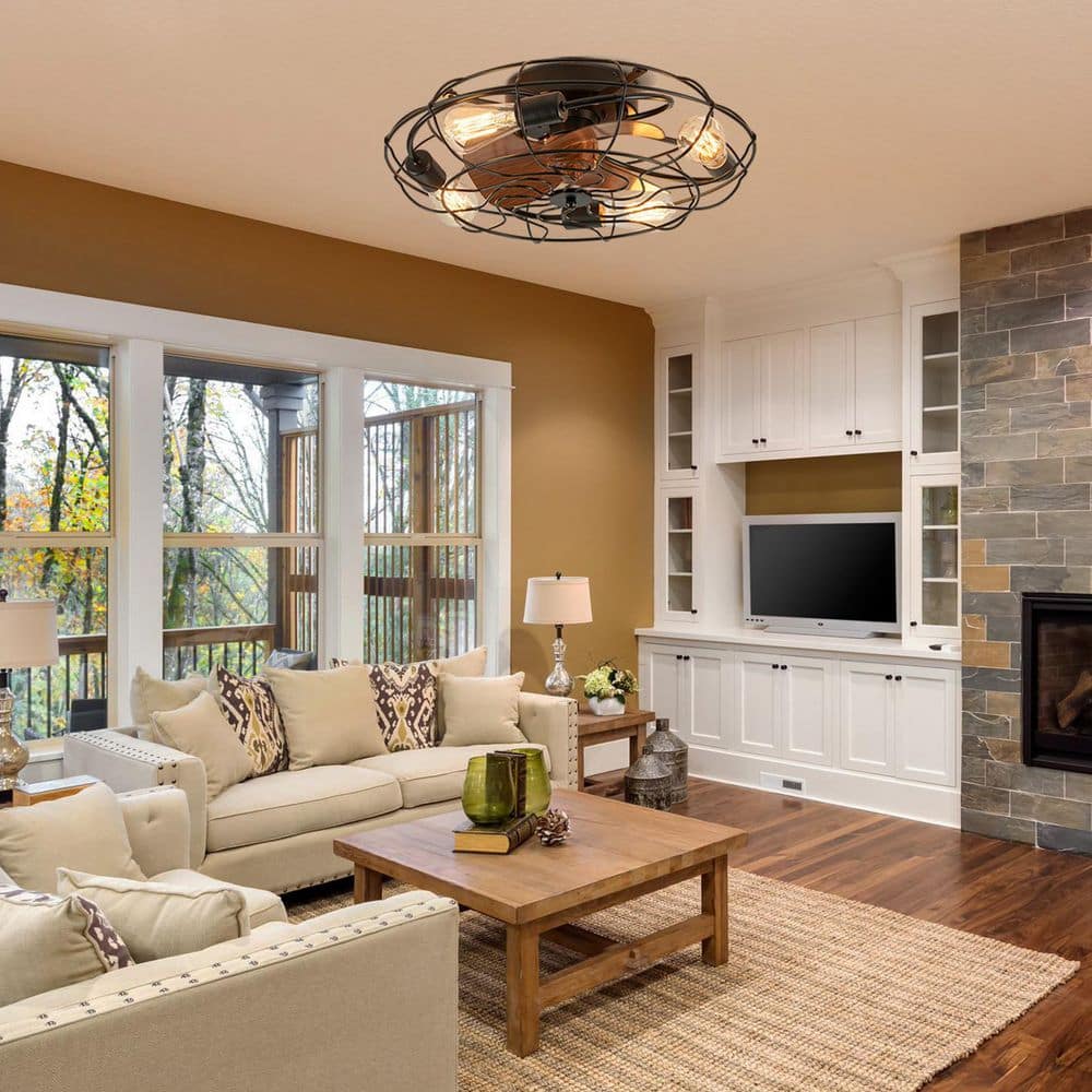 20 in. 4-Light Indoor Black Wood Grain Industrial Metal Cage Enclosed Ceiling Fan with Light Kit and Remote - Hercitys