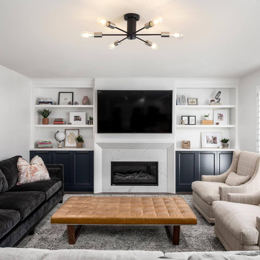 21.84 in. 6-Light Black and Nickel Sputnik Transitional Flush Mount Ceiling Lights - Hercitys