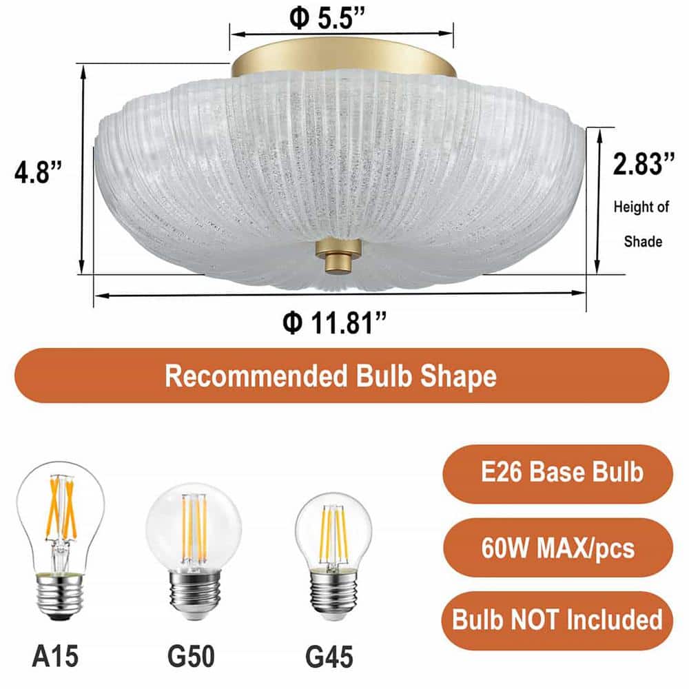 13.6 in. 3-Light Gold Flush Mount with Decorative Glass Shade and No Bulbs Included 1-Pack - Hercitys