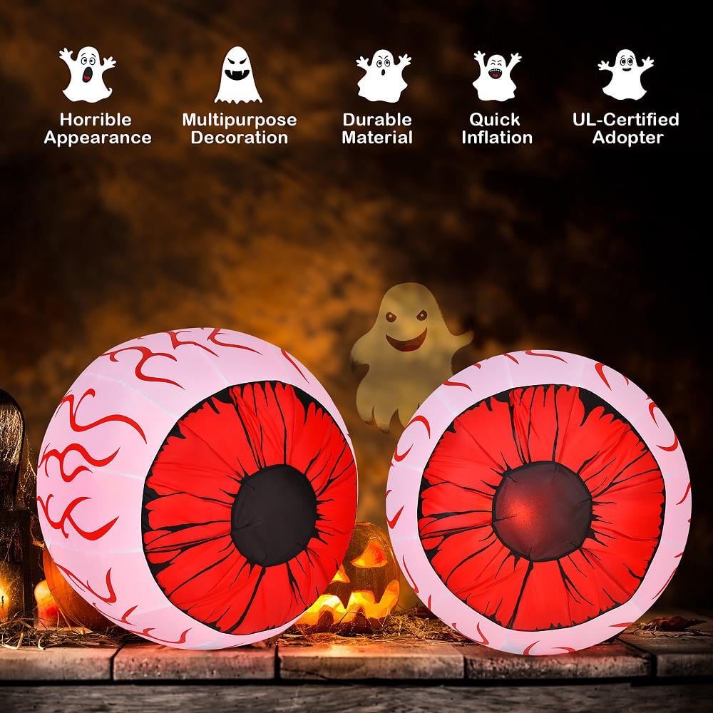 2-Pack 3 ft. Halloween Inflatable Eyeballs with Air Blower and Red LED Lights - Hercitys