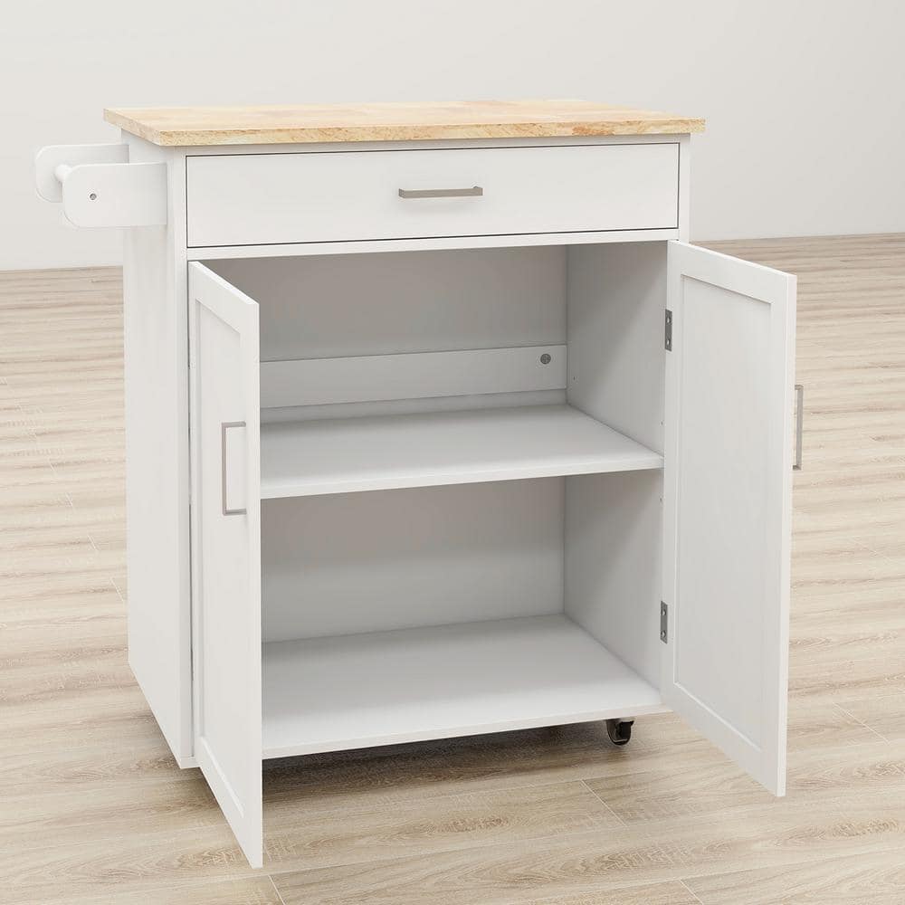 32.68 in. W Kitchen Cart in White with Solid Rubberwood Countertop - Hercitys