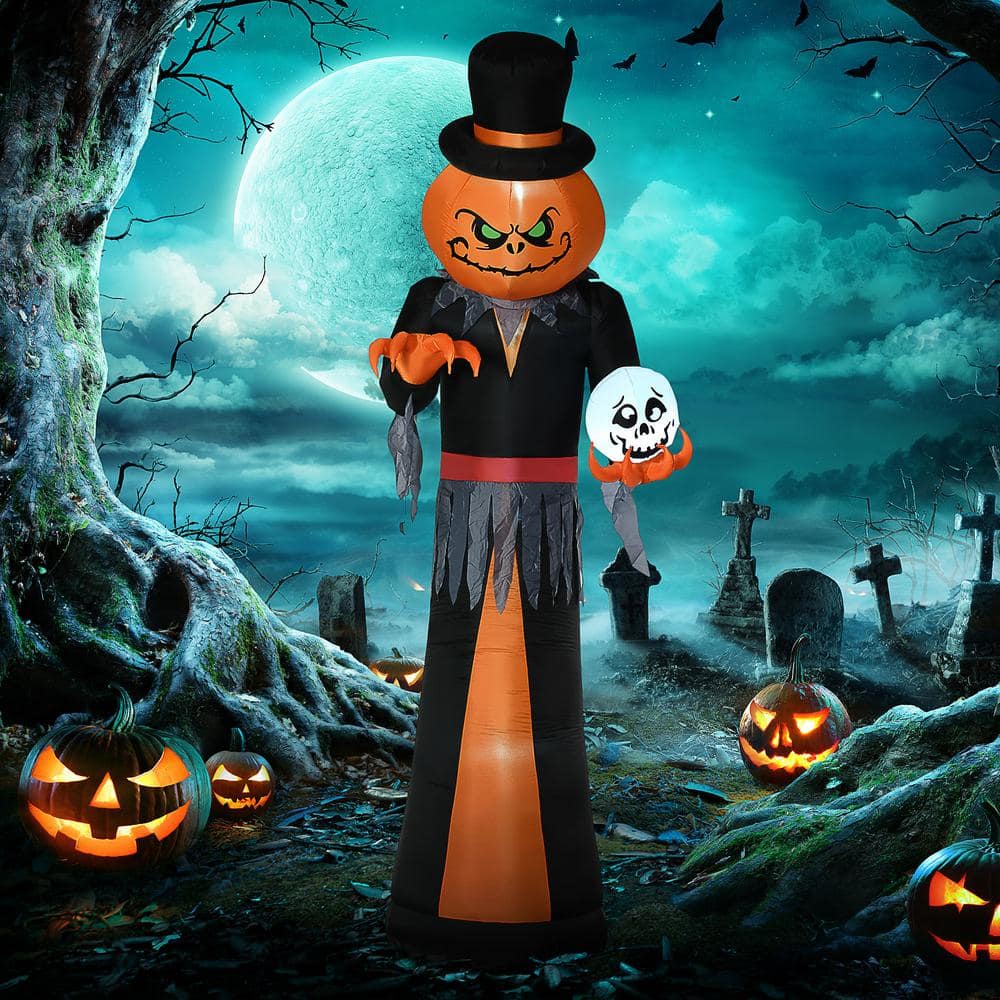 12 ft. LED Pumpkin Reaper with Skeleton Skull Halloween Inflatable - Hercitys