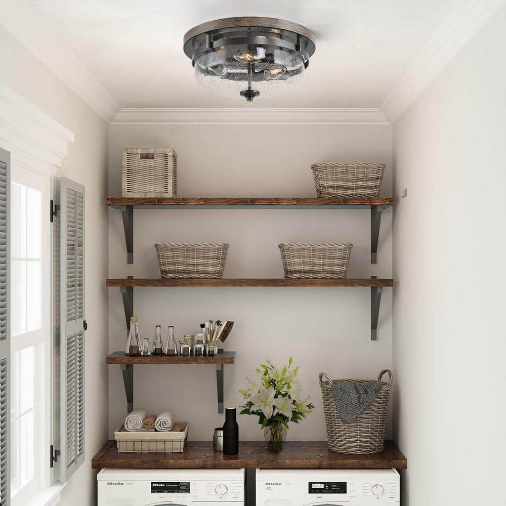 13.5 in. 3-Light Bronze Flush Mount Ceiling Light with Drum Clear Seeded Glass Shade and Round Faux Aged Wood Plate - Hercitys