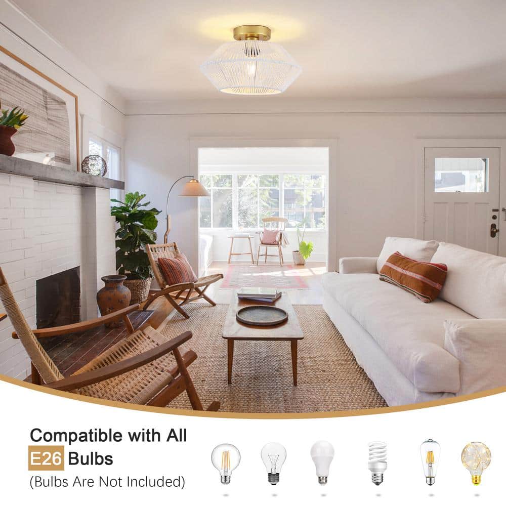 12.59 in. 1-Light Gold and White Metal Semi-Flush Mount Light with Imitation Hemp Rope Shade and No Bulbs Included - Hercitys