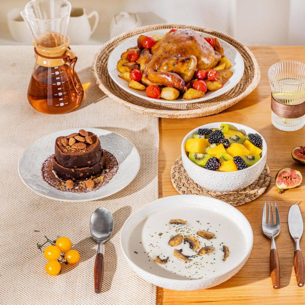 16-Piece White Stoneware Dinnerware Set Service for 4-Embossed Star-shape Floral Pattern Bowls and Plates Set - Hercitys