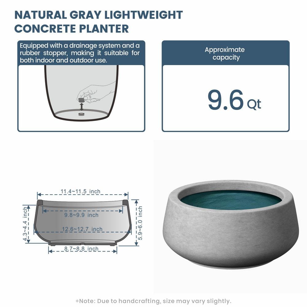 13 in. Medium Natural Gray(Premium Inner) Concrete Round Planter / Pot with Drainage Holes - Hercitys