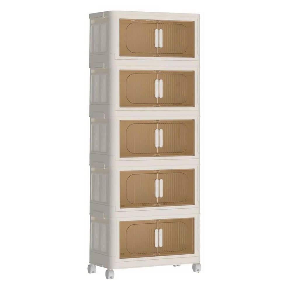 5 Tiers Kitchen Pantry Folding Storage Cabinet, Collapsible Storage Bins with Magnetic Door, Wheels, Cream White - Hercitys