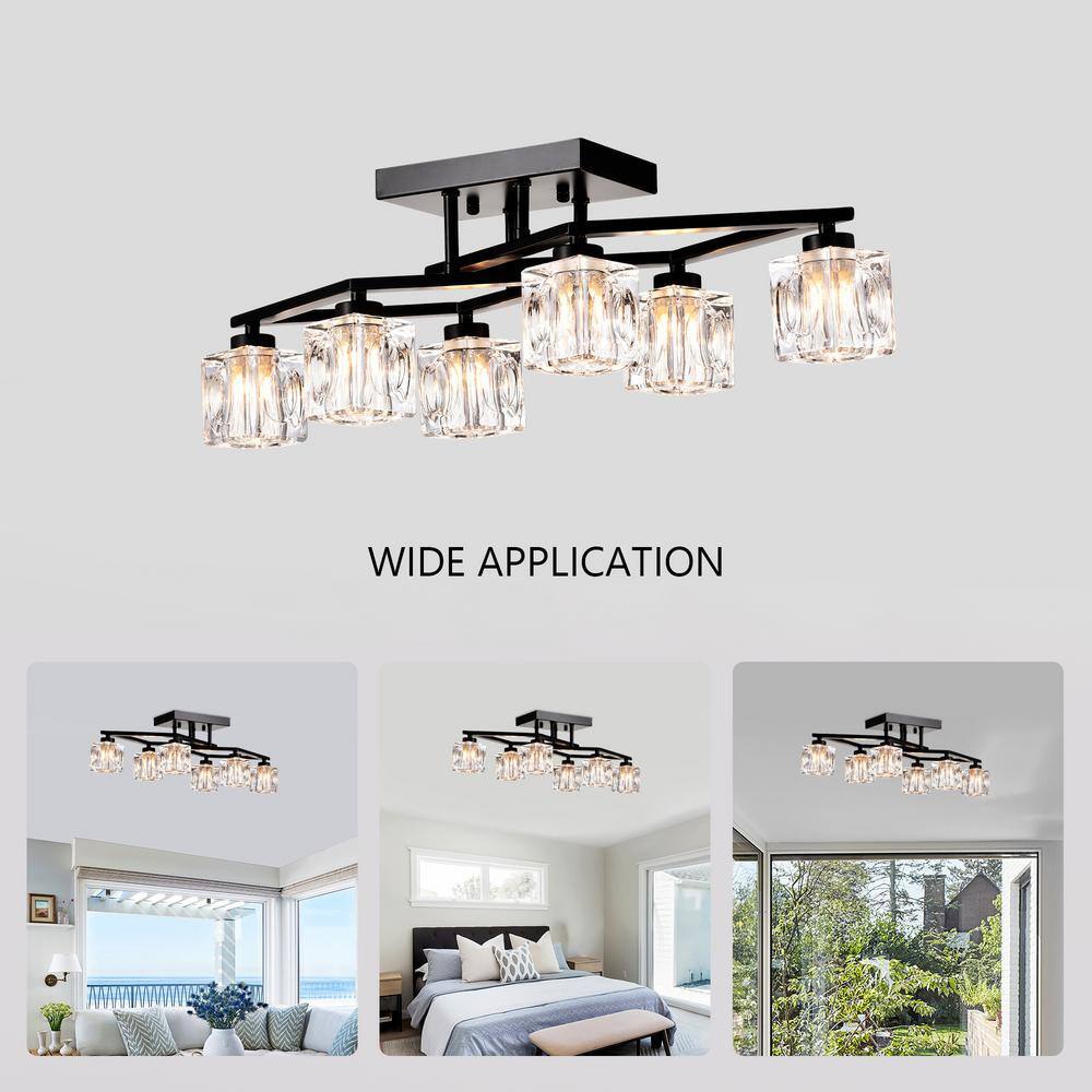 24.9 in. 6-Light Black Modern Semi-Flush Mount With Crystal Shade and 6-G9 Bulbs Included - Hercitys
