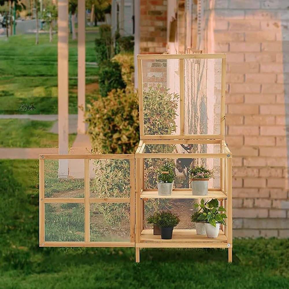 23.6 in. W x 24.4 in. D x 31.7 in. H Natural Wood Greenhouse, Foldable Cold Frame Greenhouse, Portable Wooden Greenhouse - Hercitys