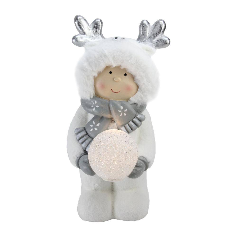 15.75 in. Smiling Child in White Snow Suit Holding LED Lighted Snowball Christmas - Hercitys