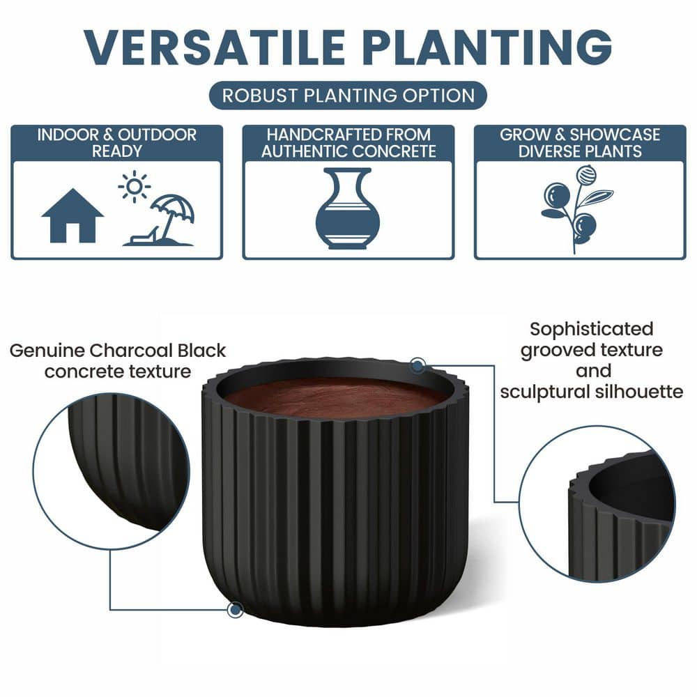 11.5 in. Medium Charcoal Black(Premium Inner) Concrete Round Planter/Pot with Drainage Holes - Hercitys