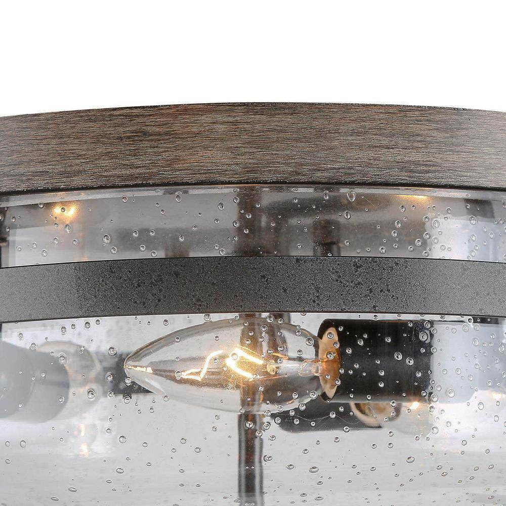 13.5 in. 3-Light Rough Black/Dark Gray Drum Semi-Flush Mount with Faux Wood Textured Plate & Clear Seeded Glass Shade - Hercitys