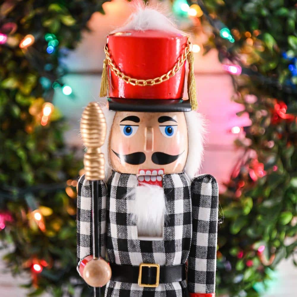 17 in. Wooden Christmas Checkered Soldier Nutcracker-Black and White Wooden Nutcracker Toy Soldier with Staff Holiday - Hercitys
