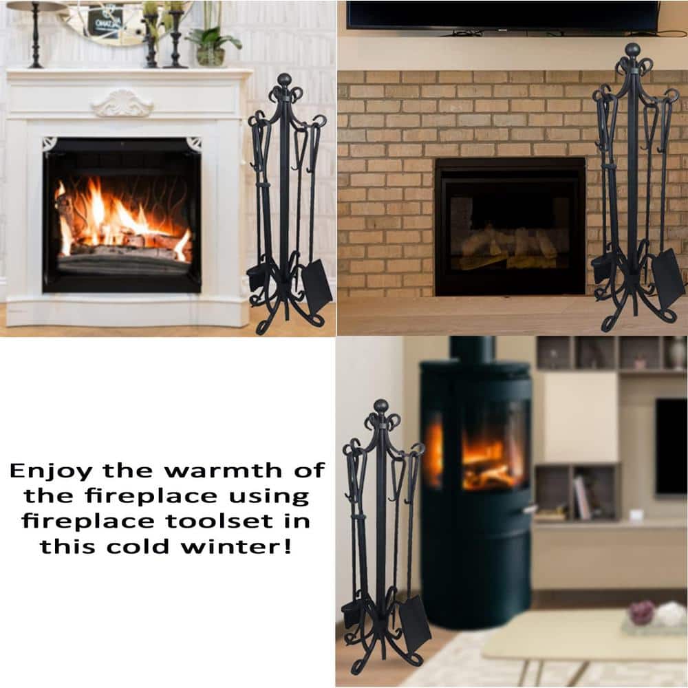 5-Pieces Ashman Fireplace Iron Standing Tools Set with Heavy Crook Handles - Hercitys