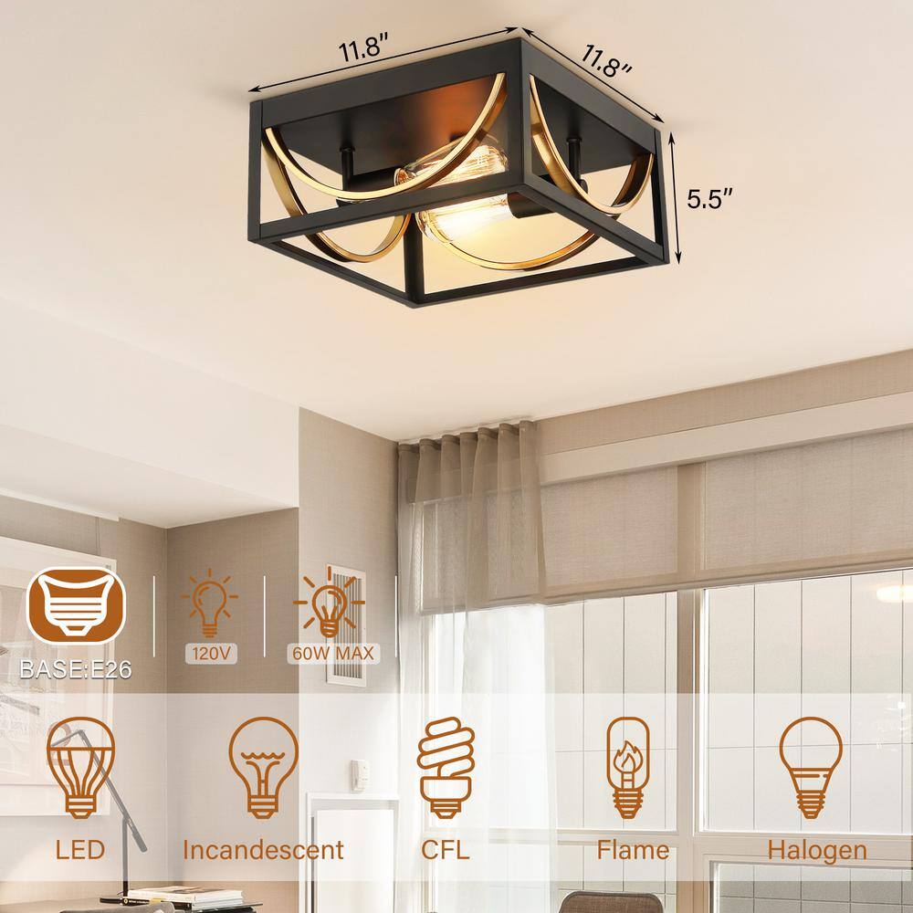 11.8 in. 2-Light Matte Black and Brass Square Flush Mount Ceiling Light - Hercitys