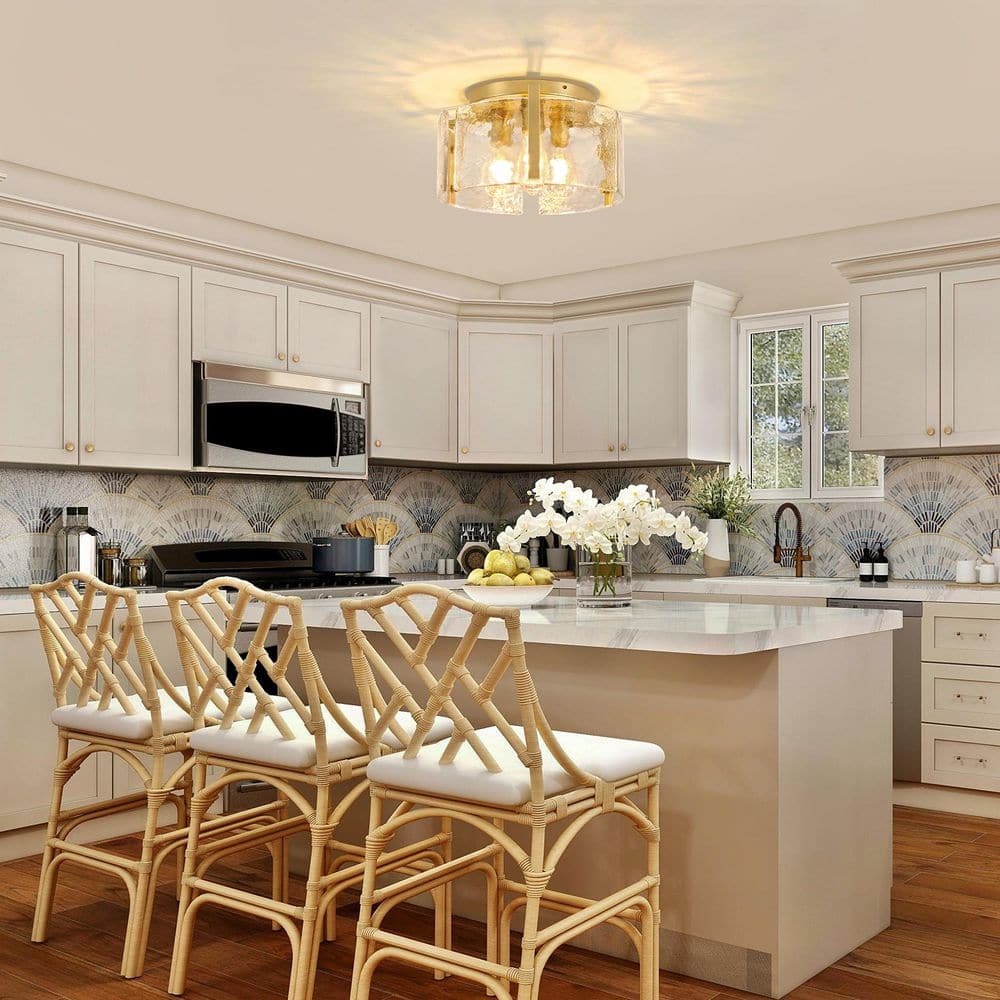 14.96 in. 3-Light Gold Modern Flush Mount Ceiling Light with Water Glass Shade - Hercitys