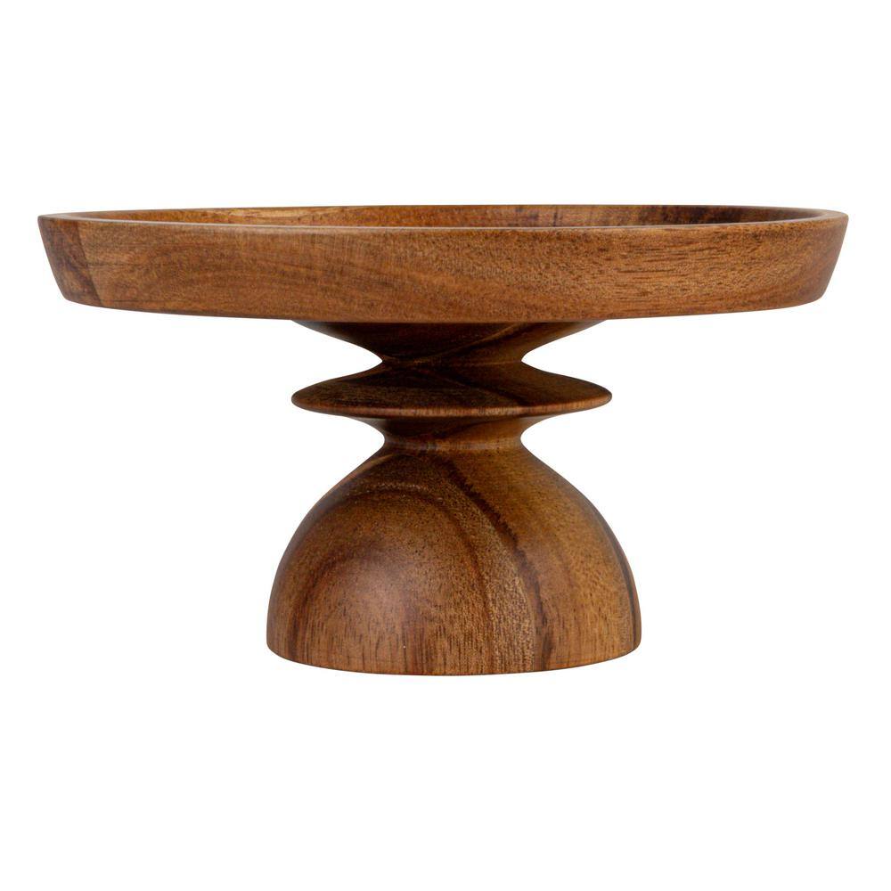 1-Tier White and Brown Round Acacia Wood-Enhanced Stoneware Cake Stand (Set of 2) - Hercitys