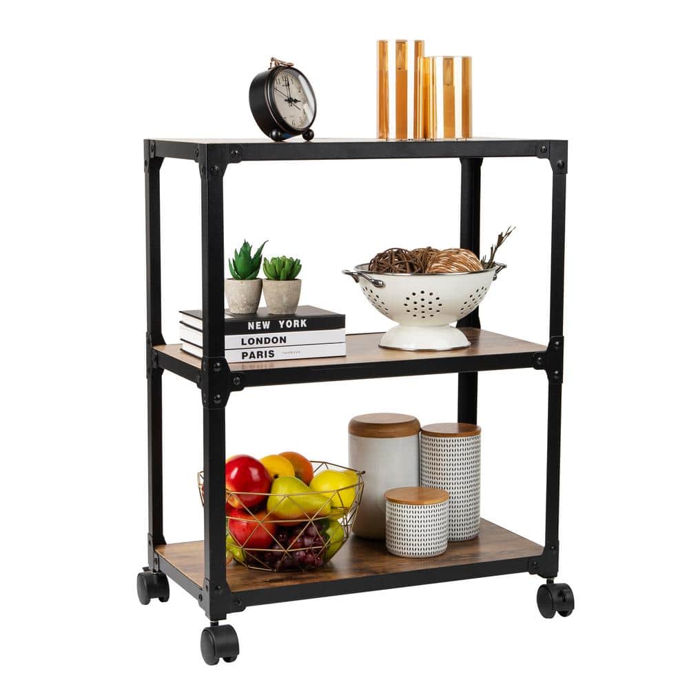 3-Tier Wood/Metal 4-Wheeled Rolling Bar Cart Microwave Stand in Brown - Hercitys