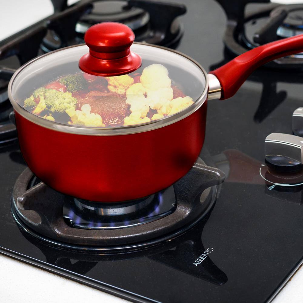 1.5 qt. Aluminum Ceramic Coated Saucepan in Red with Glass Lid - Hercitys