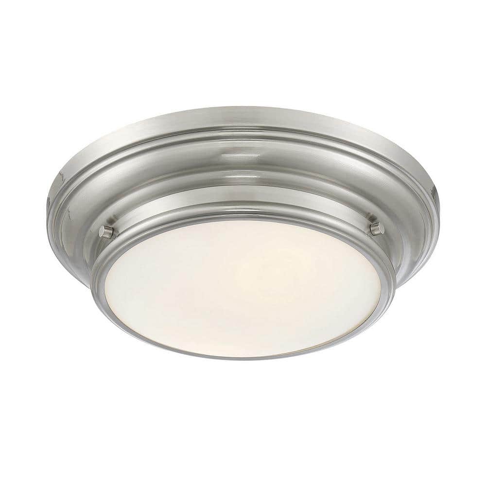 13 in. W x 4.50 in. H 2-Light Brushed Nickel Flush Mount Light with White Glass Round Shade - Hercitys