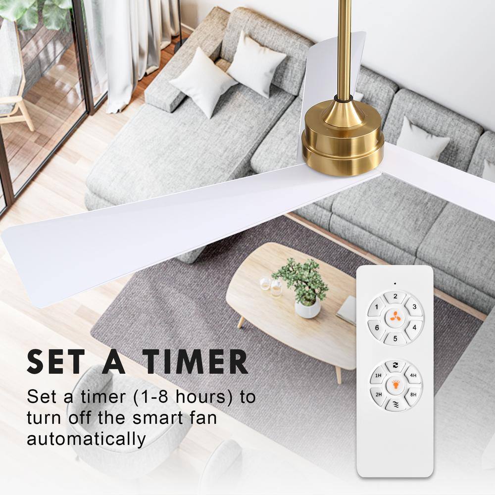 52 in. 3-Blades 6 Fan Speeds Matte Gold and White Ceiling Fan Without Light - Hercitys