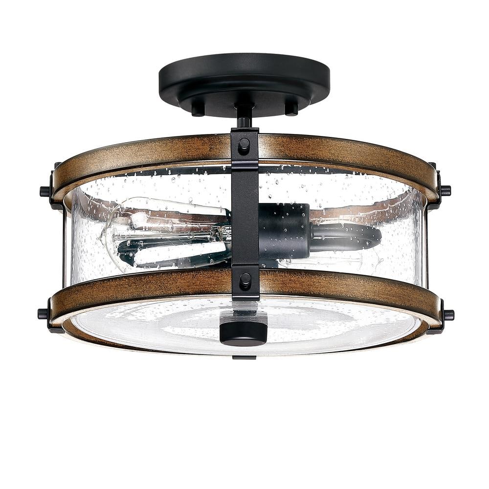 12.2 in. W. 2-Light Semi Flush Mount with Matte Black, Barnwood Accents and Seeded Glass Shade - Hercitys