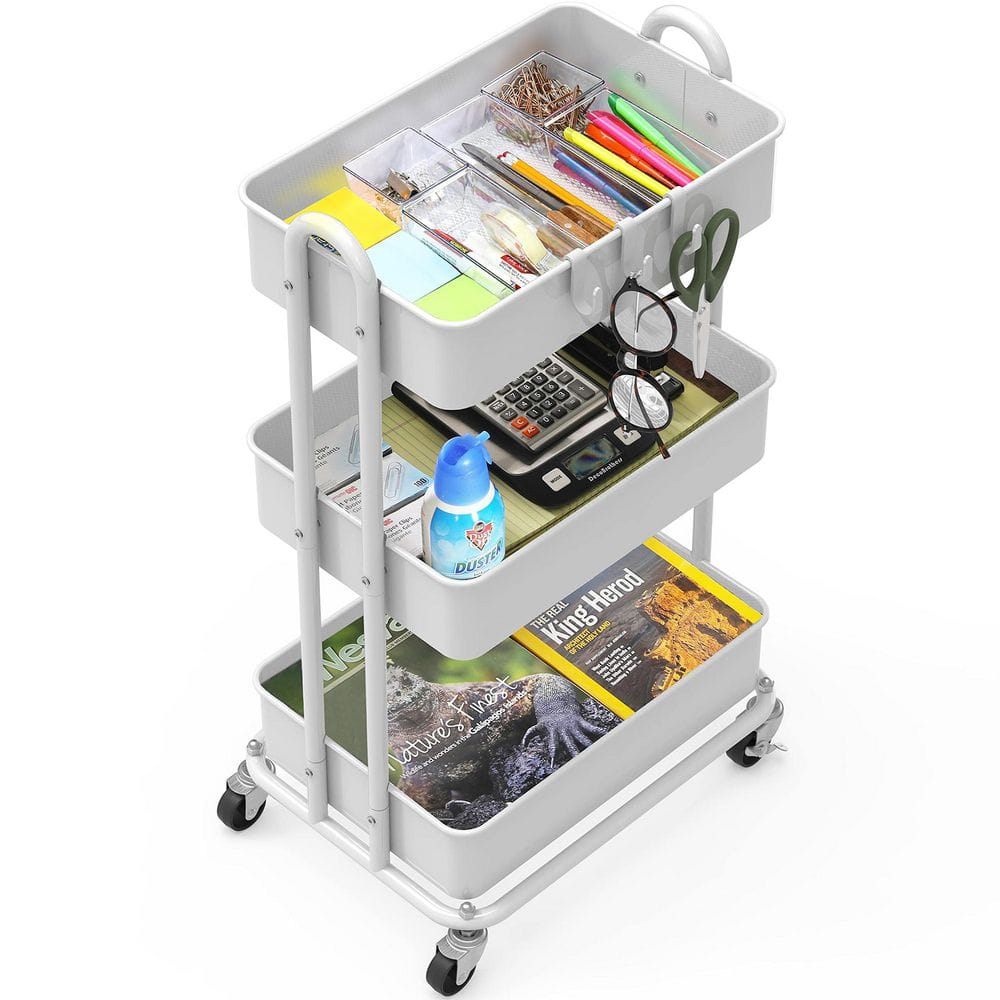 3-Tier Metal -Wheeled Utility Cart in White - Hercitys