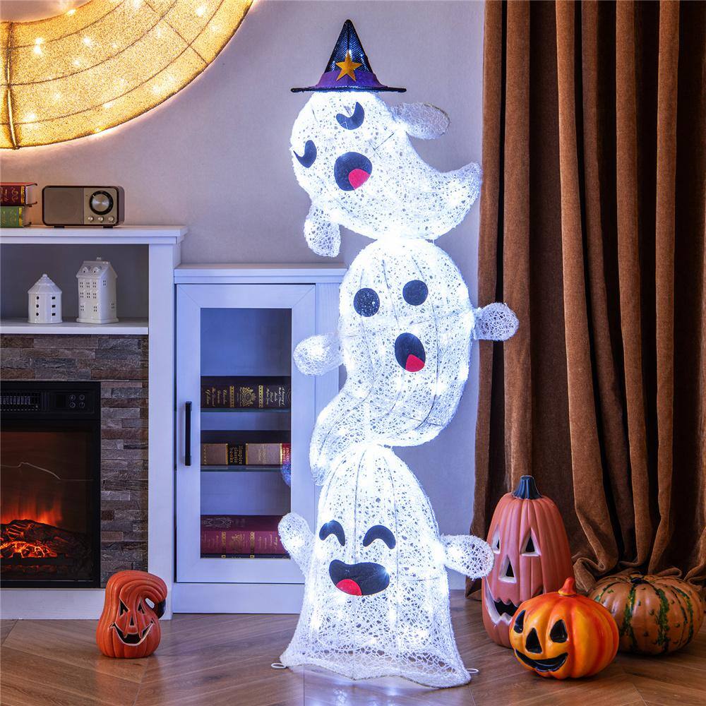 48 in. Lighted Plug in Stacked Ghosts Standing Halloween Decoration with 120 LED Lights and 4 Metal Ground Stakes - Hercitys