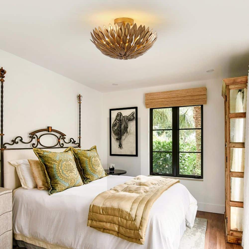 15.75 in. 3-Light Antique Gold Semi-Flush Mount Ceiling Light with Layers of Leaves Shade - Hercitys