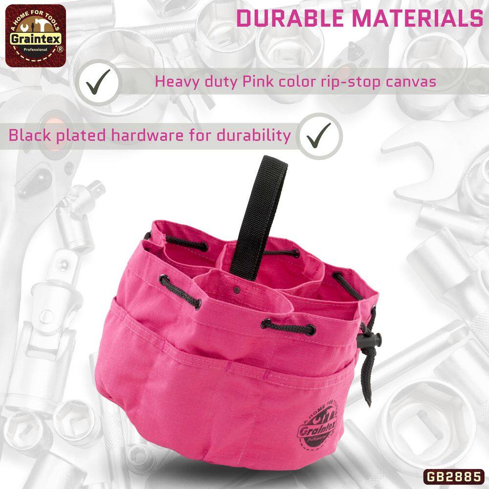 10 in. 18-Pocket Grab Tool Bag with Drawstring Closure in Pink Canvas - Hercitys