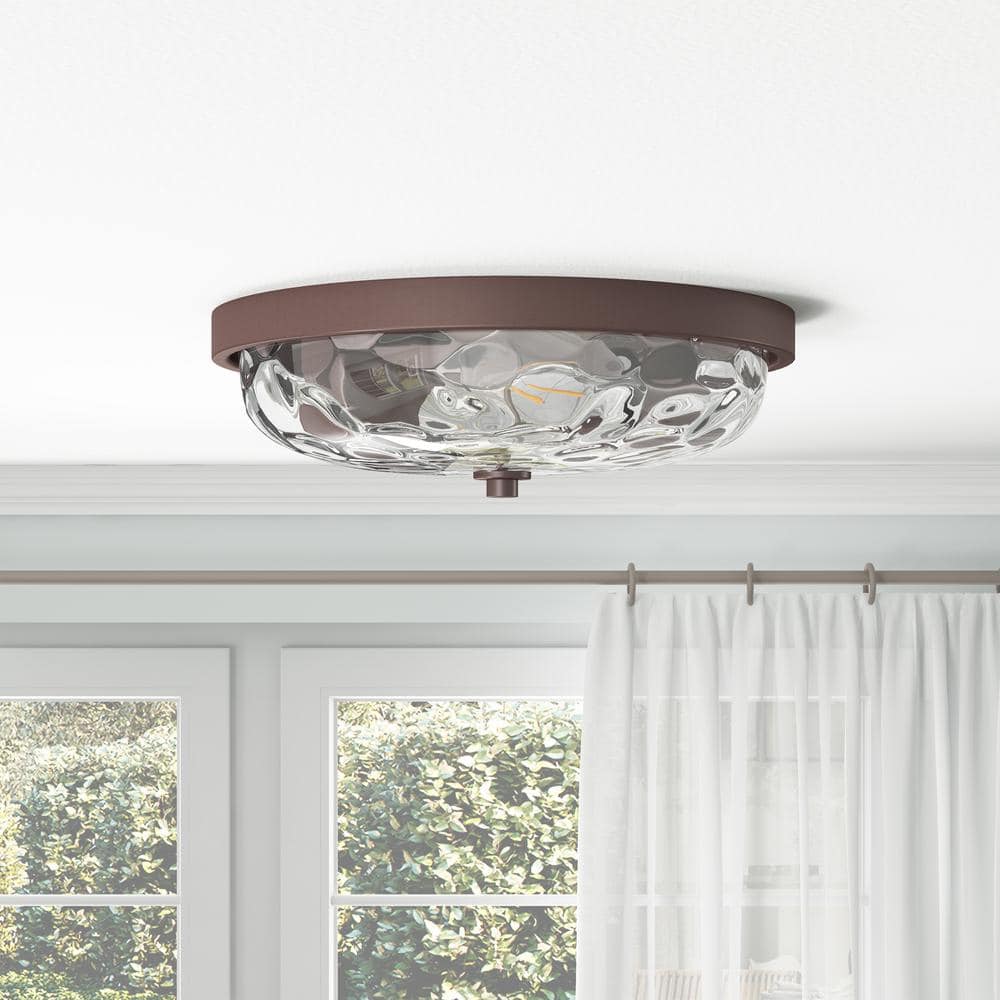 12.99 in. 2-Light Farmhouse Oil Rubbed Bronze Flush Mount Ceiling Light Fixture with Water Ripple Glass Shade - Hercitys